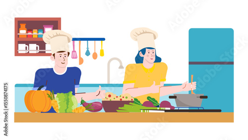 Ideal for culinary and healthy lifestyle content, this photo features two chefs creating a nutritious dish in a modern kitchen.