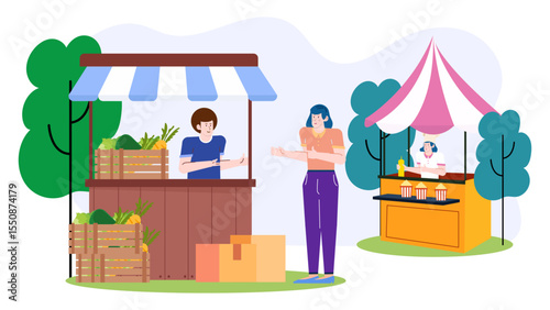 Farmers market with food stalls and shoppers, perfect for promoting local businesses, food markets, agriculture events, and community gatherings.