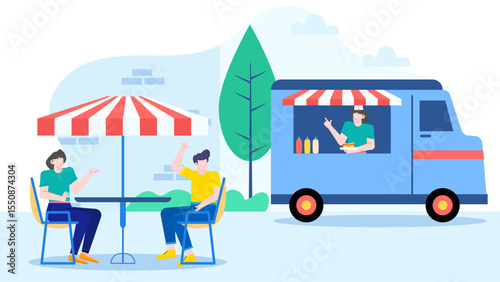 Food truck serving a couple under a striped umbrella, capturing a fun and unique dining experience with a loved one.