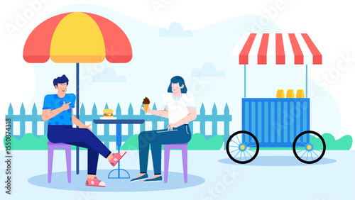 Two friends savoring lunch by an ice cream cart outdoors. Perfect for summer related promotions, outdoor dining, friendship themes.