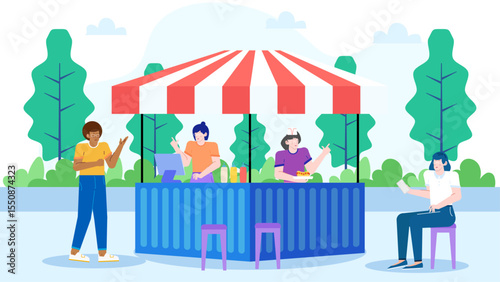 Illustration of a bustling park food stall with workers serving a customer. Ideal for showcasing outdoor dining or street food concepts.