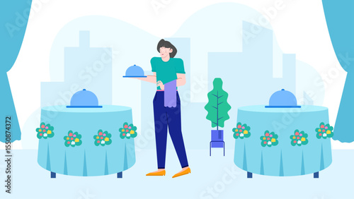 Waitress serving food at two elegantly decorated tables. Perfect for restaurant promotions, hospitality industry materials, and food service concepts.