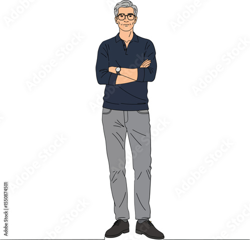 Middle-aged man standing confidently with arms crossed wearing glasses and casual clothes in front of white background