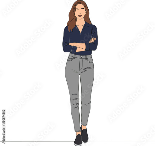 Confident young woman standing with arms crossed wearing navy shirt and grey pants in casual style 
