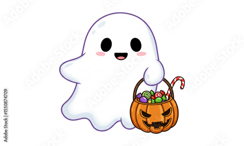 Cute ghost carrying a pumpkin basket filled with candy