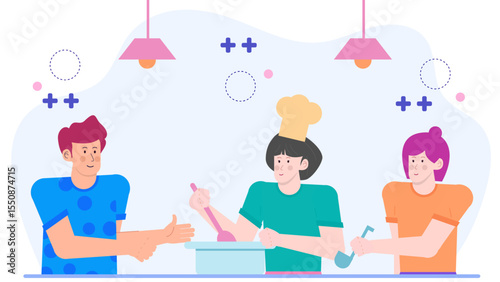Three friends cooking in a cheerful kitchen scene perfect for food blogs, cooking websites, recipes, and friendship themed designs.