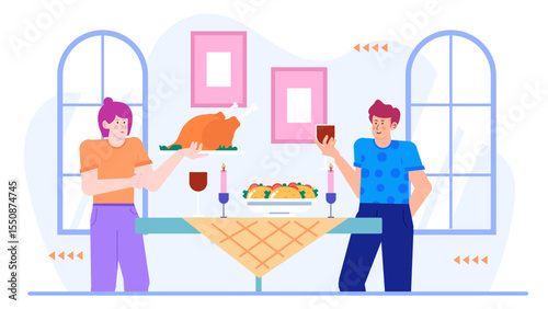 Couple cooking thanksgiving dinner with roast chicken and tacos, perfect for food blogs, recipe websites, and holiday themed social media posts.