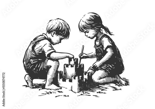 Kids Building a Sandcastle hand drawn sketch vector illustration