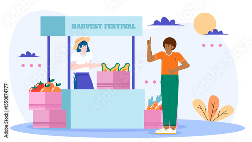Harvest festival booth offering fresh produce to a customer. Suitable for food markets, autumn themed promotions, farm totable concepts, and healthy eating designs.