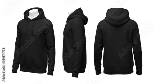 A black hoodie displayed from multiple angles on a mannequin, showcasing its design and fabric texture against a neutral background