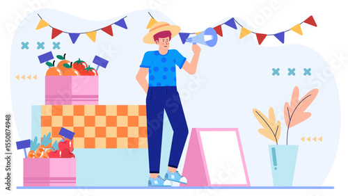Man stands with a megaphone, promoting a fruit sale. Suitable for marketing, advertising, promotions, food industry, and business announcements.