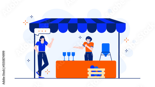 Two women converse at a blue market stall selling drinks. Suitable for marketing materials promoting community events, small businesses, and social gatherings.