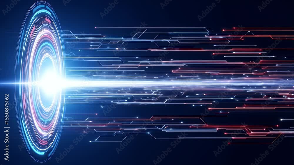 A glowing circle emits light beams overlaid on a grid of blue and red lines against a dark backdrop