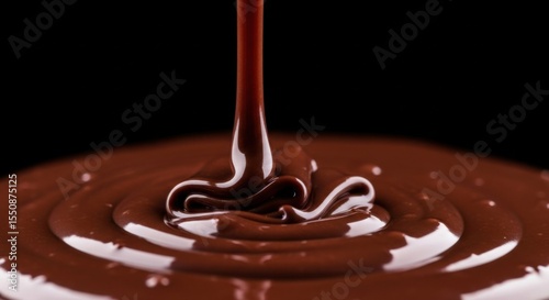 Rich Dark Molten Chocolate Pouring Creating Beautiful Swirls and Ripples on a Black Background