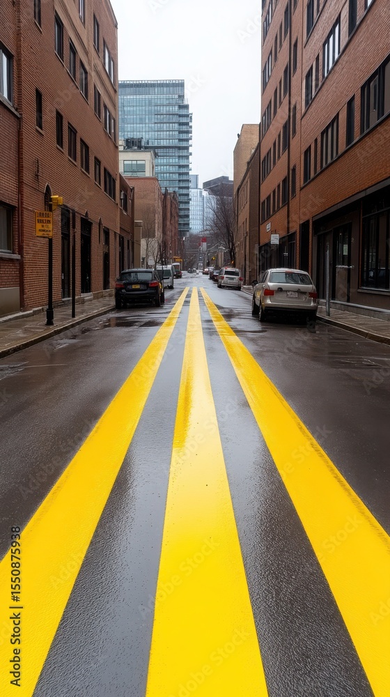 Obraz premium Wet City Street with Bright Yellow Lines