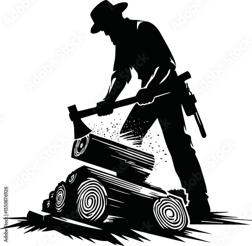 Silhouette of lumberjack splitting wood vector style on white background