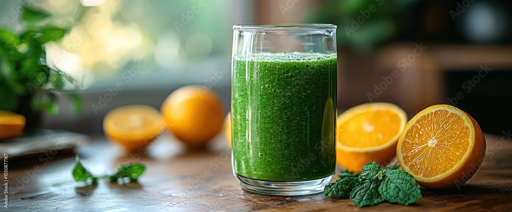 Fototapeta premium Vibrant green smoothie with fresh oranges and mint on rustic wooden surface