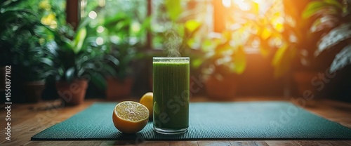 Healthy green smoothie with lemon on a yoga mat for a balanced lifestyle