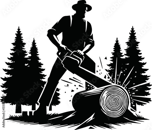 Silhouette of lumberjack splitting wood vector style on white background