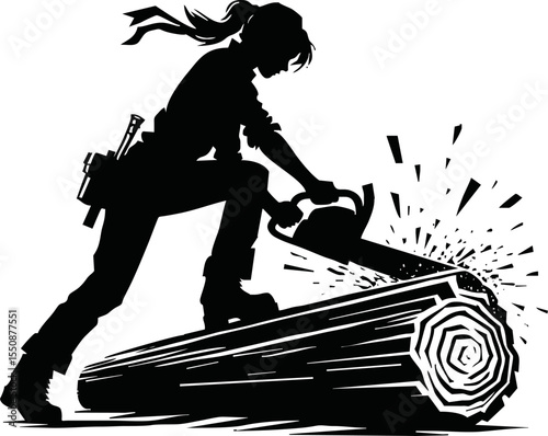 Silhouette of lumberjack splitting wood vector style on white background