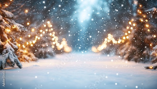 Winter wonderland scene with snow-covered trees and fairy lights