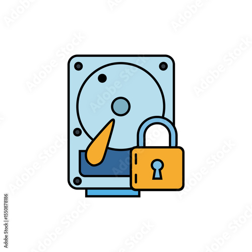A colorful icon of a hard drive paired with a padlock, symbolizing data security and protected storage. Ideal for cybersecurity, privacy, and IT themes.