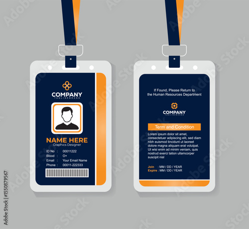 Gradient Orange and Navy Blue ID Card Design Template for Corporate Employees and Office