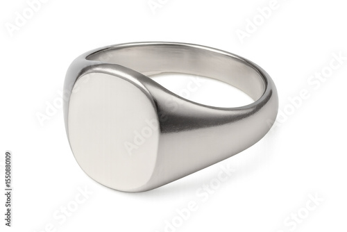 Silver signet ring displaying polished band, smooth oval face ready for personalized engraving, resting against clean transparent surface