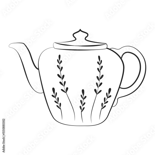 Line Art Teapot with Botanical Pattern