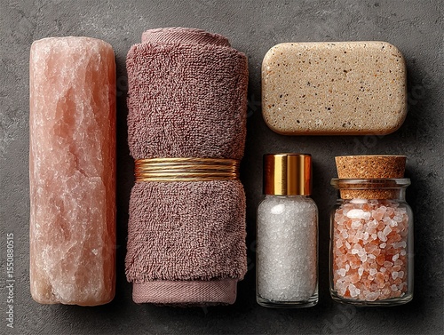 Rose Quartz Stone and Gold-Clasped Towel with Crystal Jars - Luxe Mineral Bath Collection