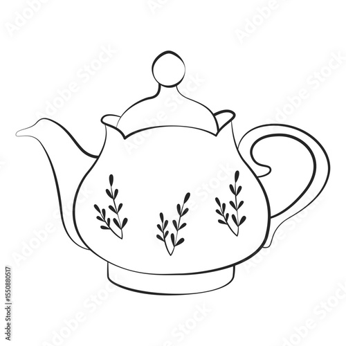 Decorative Teapot Line Art. Vintage Tea Pot Outline Drawing