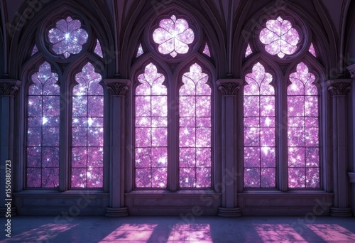 Gothic window frames under purple starlight