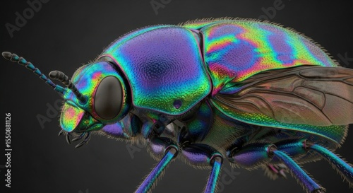Captivating Close Up Macro Photograph of a Jewel Beetle Showcasing Its Iridescent Rainbow Colors and Intricate Details