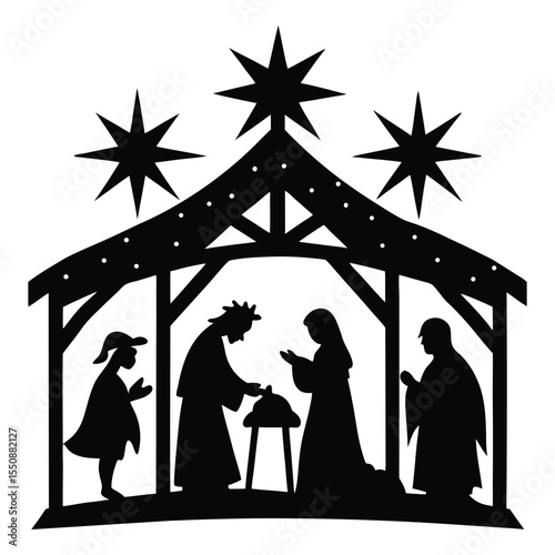 A peaceful nativity scene in silhouette, with Mary, Joseph, and baby Jesus under a star-lit stable, surrounded by animals and shepherds in quiet reverence.
