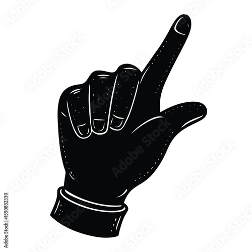 A playful doodle-style gloved hand silhouette pointing outward with bold lines and cartoon charm—perfect for fun signs, icons, or retro-style graphics.
