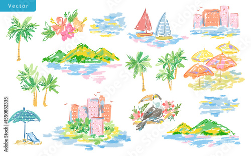 Hand-drawn pastel-themed summer clipart set with Resort vector doodle illustrations with islands, the ocean, yachts, palm trees, beach umbrellas, hibiscus flowers, tropical buildings, and toucans.