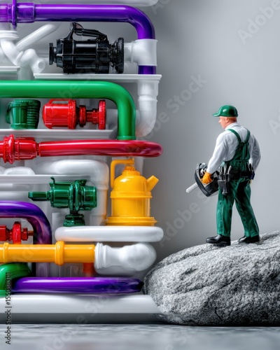 Miniature Plumber Inspecting Colorful Pipe Installation