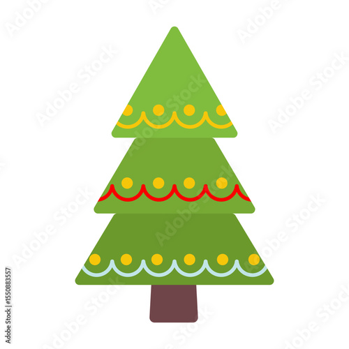 Christmas tree with garlands isolated on a white background. Colored icon, vector illustration, design element for card, invitations and christmas decor.	