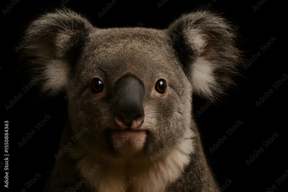 Obraz premium Close-up of a koala’s round face and fluffy ears on black background