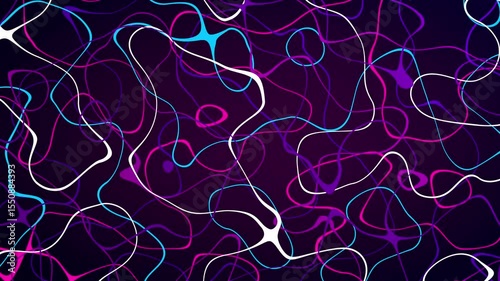 Magenta, cyan, purple and white lines moving randomly, forming circles against a dark violet background. Loop sequence. 3D Animation