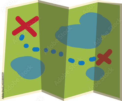 Vector Illustration of a Folded Treasure Map with X Marks and Dotted Path