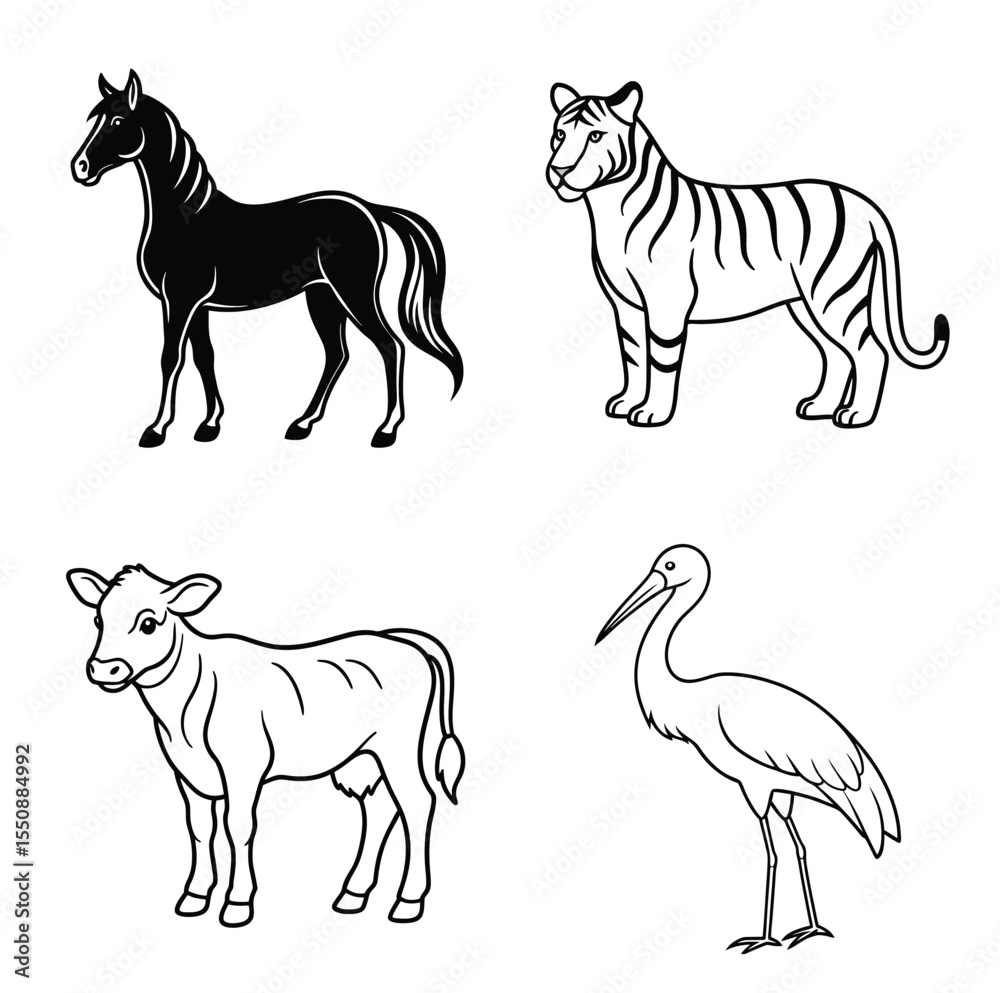 Fototapeta premium horse tiger calf heron silhouette vector