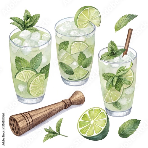 set of four caipirinha cocktails with lime ice