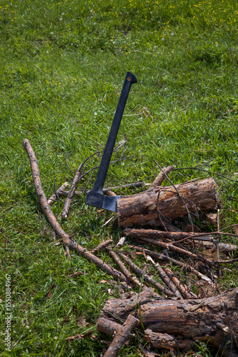 Tourist axe chops firewood for picnic. Landscape with green grass.