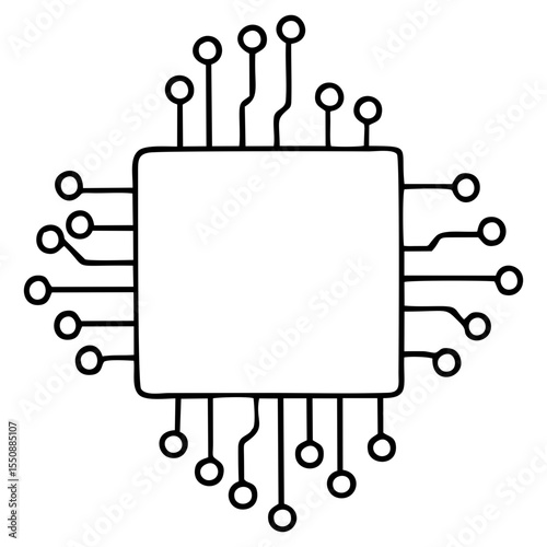 Computer Processor Microchip Icon with Multiple Connections in Line Art Style