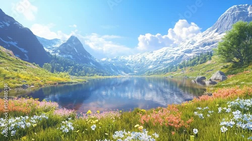 Serene mountain landscape with vibrant flowers and tranquil lake reflection