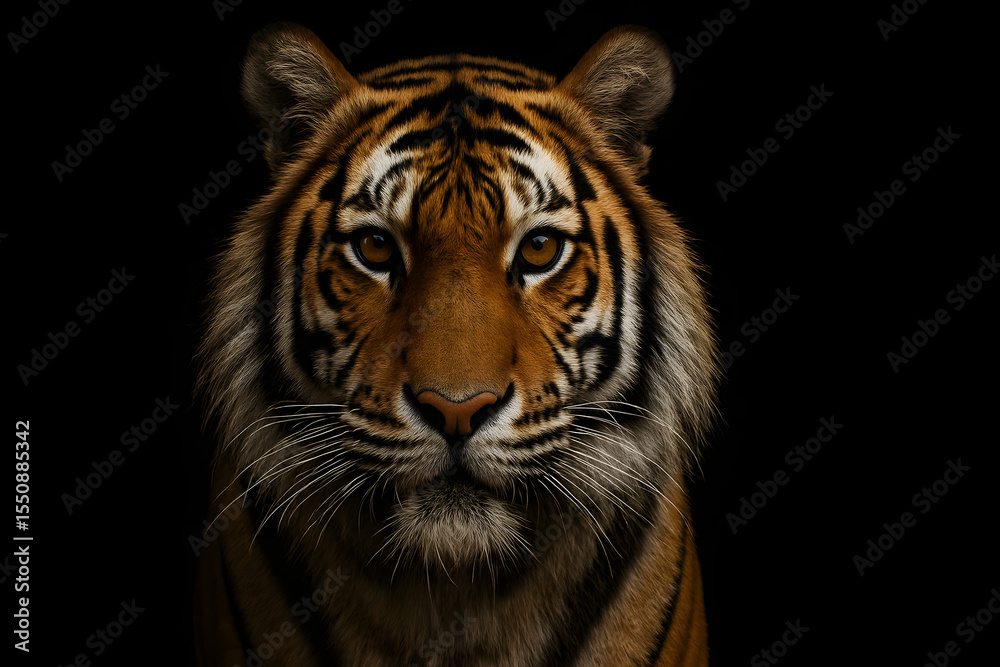 Fototapeta premium Close-up of a tiger’s face with detailed stripes and piercing eyes on black background. ,realistic photos clean background