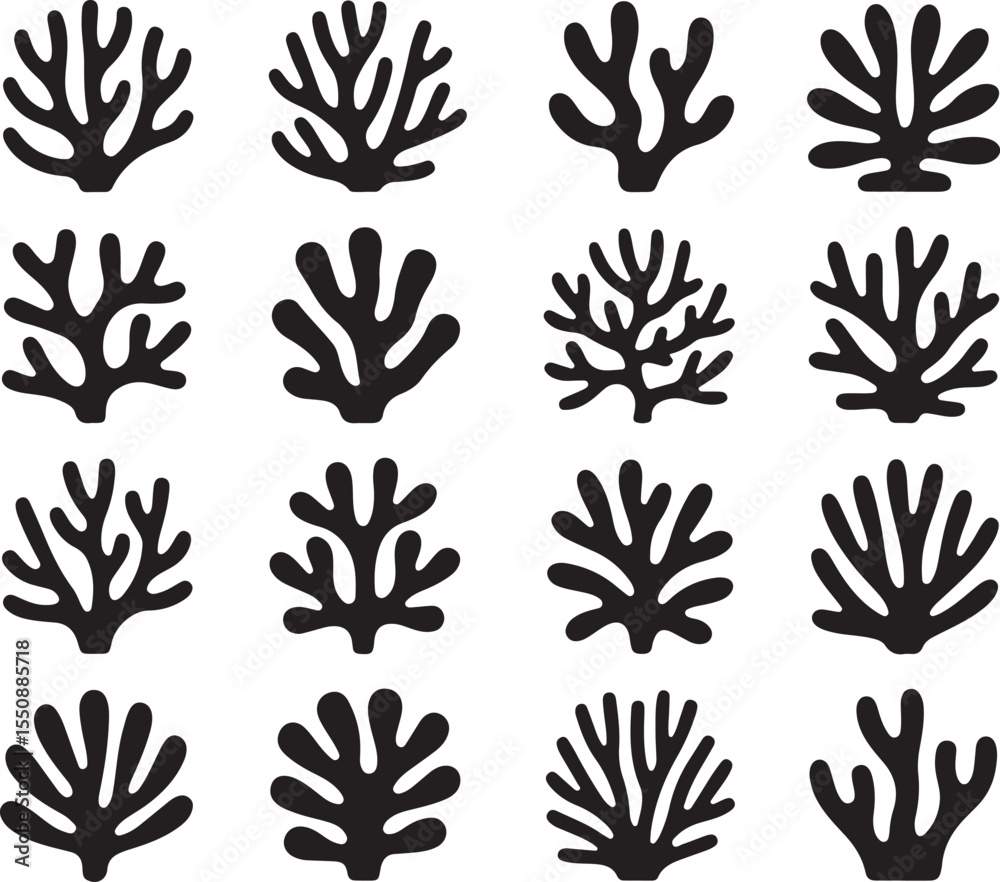 Fototapeta premium This image features sixteen distinct coral and sea plant formations in silhouette, showcasing a wide variety of branching and organic shapes. 