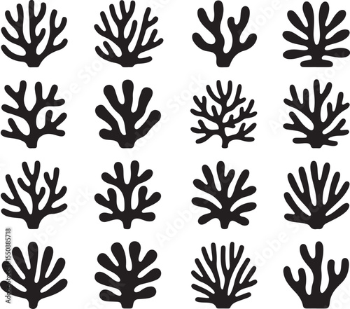 This image features sixteen distinct coral and sea plant formations in silhouette, showcasing a wide variety of branching and organic shapes. 