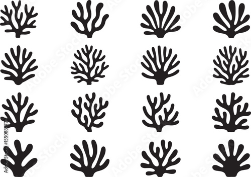 This image features sixteen distinct coral and sea plant formations in silhouette, showcasing a wide variety of branching and organic shapes. 